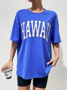SHEIN EZwear Letter Graphic Drop Shoulder Tee - Royal Blue - View 1