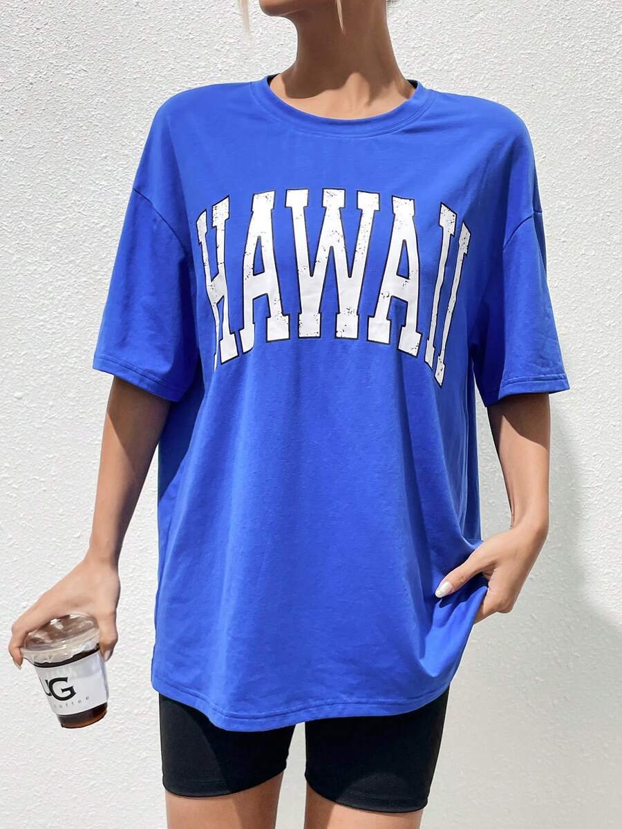 SHEIN EZwear Letter Graphic Drop Shoulder Tee - Royal Blue - View 1