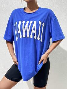 SHEIN EZwear Letter Graphic Drop Shoulder Tee - Royal Blue - View 6