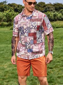 Manfinity Men Plus Patchwork Print Shirt & Shorts - Multicolor - View 7