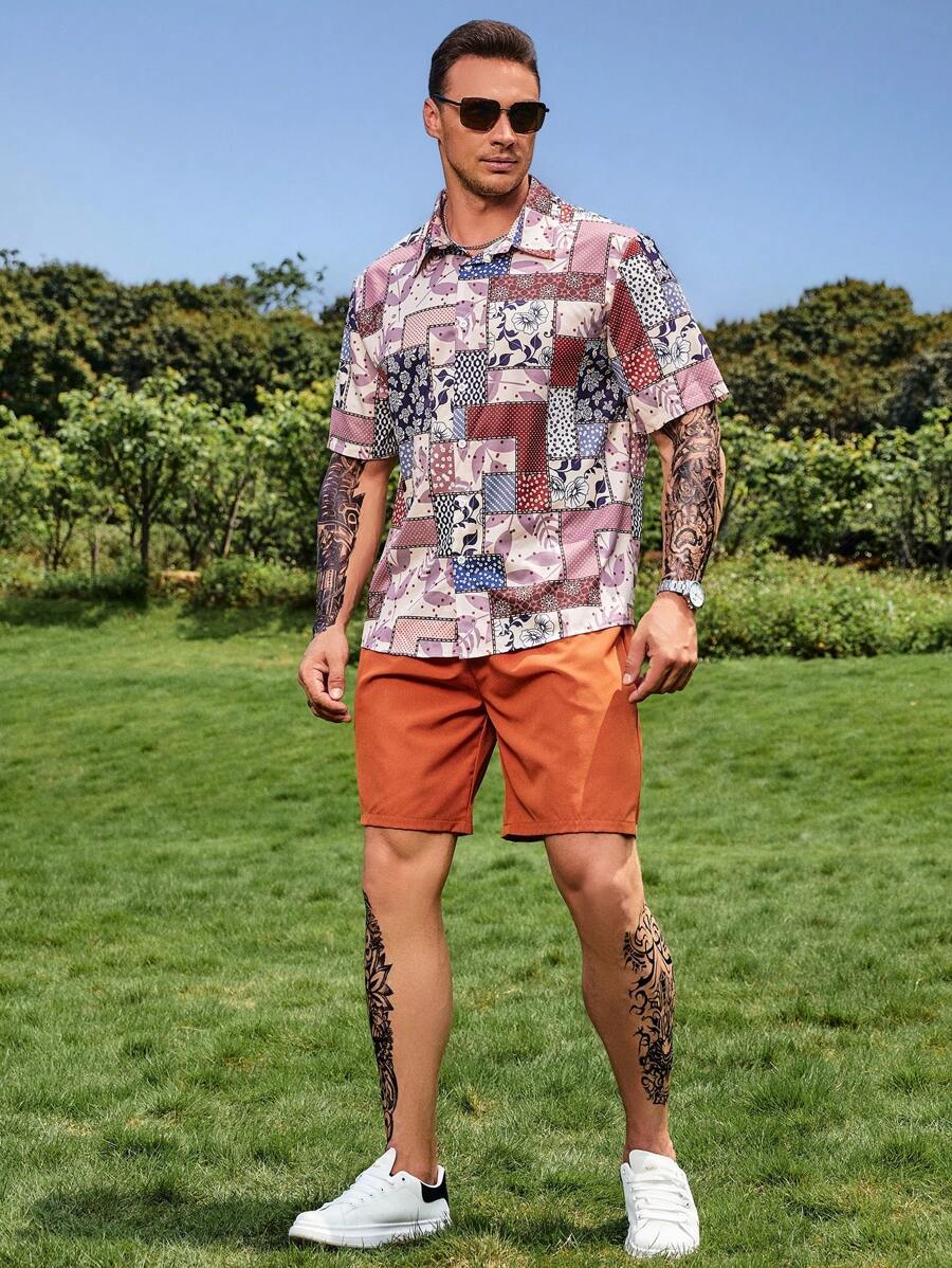 Manfinity Men Plus Patchwork Print Shirt & Shorts - Multicolor - View 1