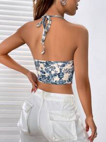 SHEIN EZwear Floral Print Draped Front Halter Summer Outfits Top - Multicolor - View 2