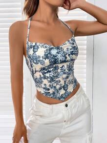 SHEIN EZwear Floral Print Draped Front Halter Summer Outfits Top - Multicolor - View 5
