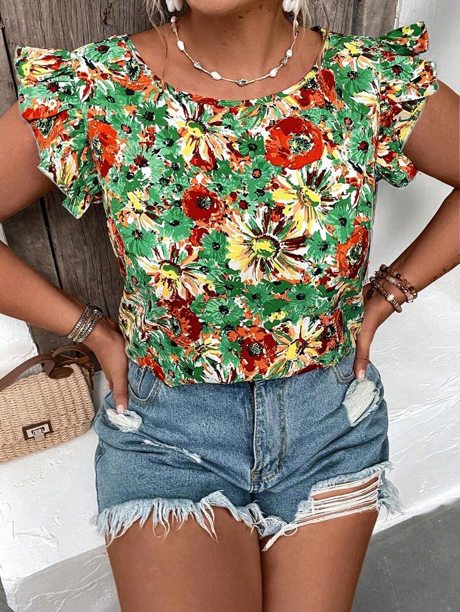 Breezaya Áo sơ mi Plus Size Xù Hoa Tất cả trên in Boho - Nhiều màu - Xem 1