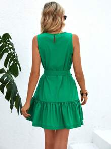 Chiquease Đầm Thắt lưng Nút Viên lá sen màu trơn Giải trí - màu xanh lá - Xem 2