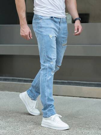 男士破洞洗水牛仔裤