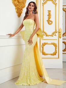 Strapless Mermaid Evening Gown With Oversized Bow Back Detail – Elegant Formal Dress For Gala Events, Red Carpet Affairs, Wedding Guest Attire, Luxury Dinner Parties - Yellow - View 5