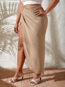 SHEIN VCAY Plus Twist Front Split Thigh Skirt - Apricot - View 4