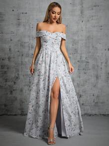Floral Print Off Shoulder Split Thigh Dress - Grey - View 1