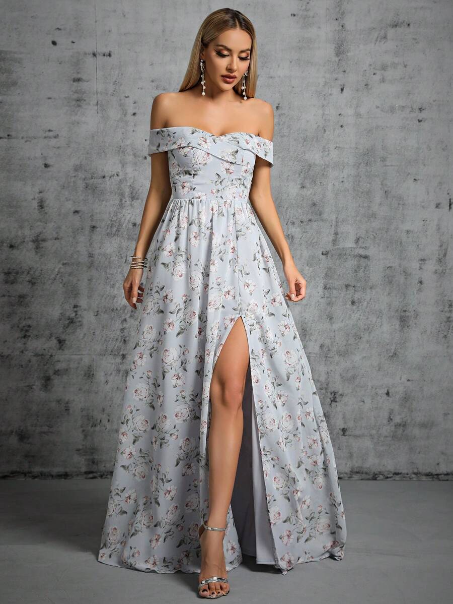 Floral Print Off Shoulder Split Thigh Dress - Grey - View 1