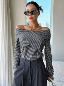 DAZY Striped Print Off Shoulder Wrap Cross Tee Long Sleeve Women Tops,Fall Women Clothes