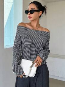 DAZY Striped Print Off Shoulder Wrap Cross Tee Long Sleeve Women Tops,Fall Women Clothes