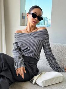 DAZY Striped Print Off Shoulder Wrap Cross Tee Long Sleeve Women Tops,Fall Women Clothes