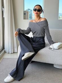 DAZY Striped Print Off Shoulder Wrap Cross Tee Long Sleeve Women Tops,Fall Women Clothes