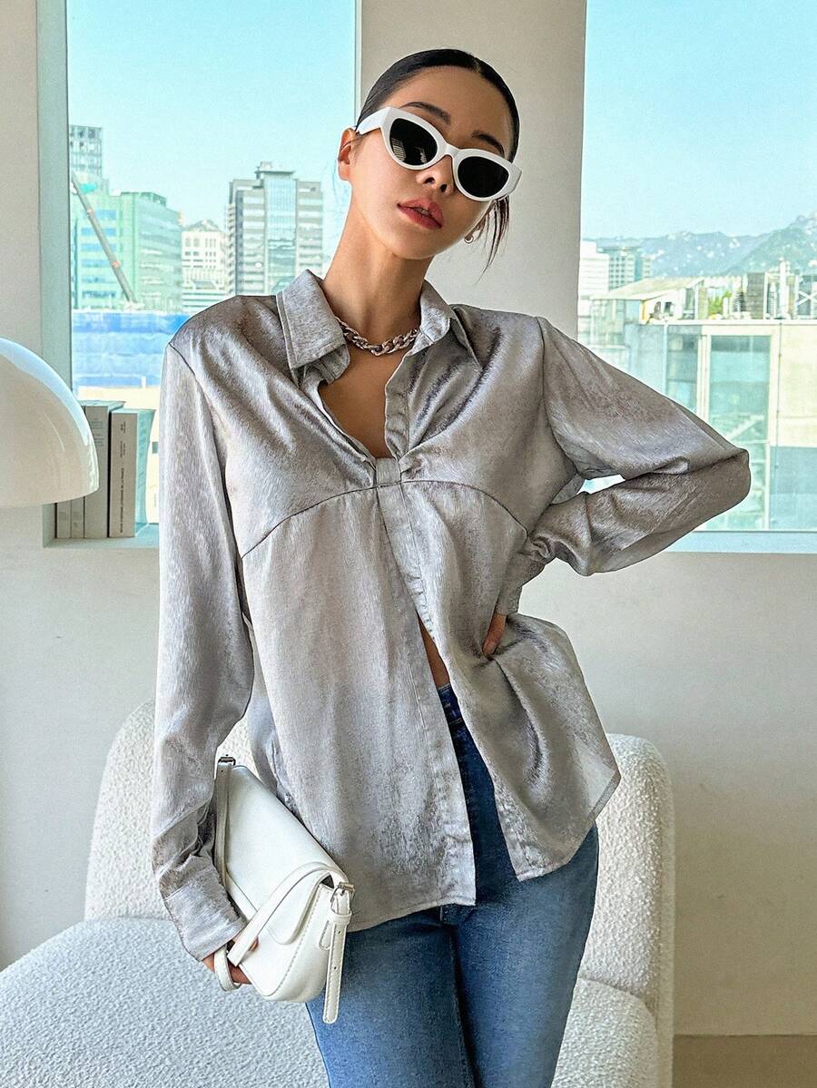 DAZY Áo sơ mi nữ màu trơn Giải trí - Xám - Xem 1