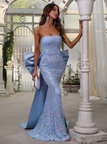 Vestido de noche sirena sin tirantes con detalle de lazo extra grande en la espalda - Vestidos de gala elegantes para eventos formales, alfombra roja, invitados de boda, cenas de lujo, vestido de fiesta - Celeste - Ver 2
