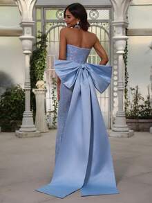 Vestido de noche sirena sin tirantes con detalle de lazo extra grande en la espalda - Vestidos de gala elegantes para eventos formales, alfombra roja, invitados de boda, cenas de lujo, vestido de fiesta - Celeste - Ver 3