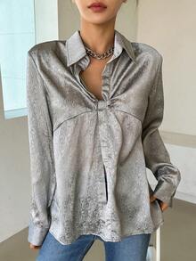 DAZY Áo sơ mi nữ màu trơn Giải trí - Xám - Xem 4