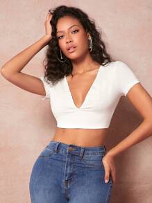 evoluSHEIN X Anitta Plunging Neck Crop Tee - White - View 1