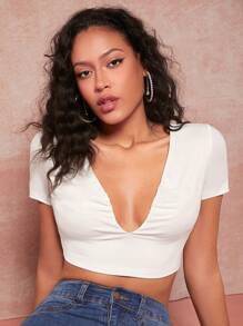 evoluSHEIN X Anitta Plunging Neck Crop Tee - White - View 4