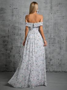Floral Print Off Shoulder Split Thigh Dress - Grey - View 2
