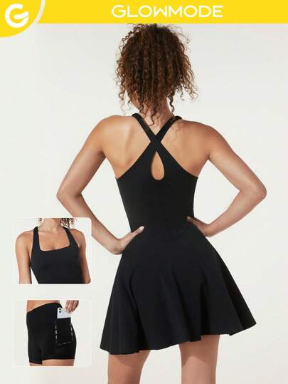 GLOWMODE SoftFlux Curved Waist Crisscross Backless Solid Activewear Mini Dress Shorts Included Low Impact Yoga Gym Daily Summer Quick Dry Moisture Wicking