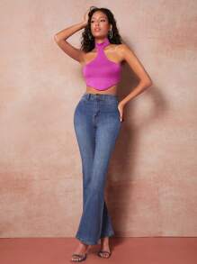 evoluSHEIN X Anitta Solid Backless Halter Top - Red Violet - View 5