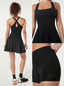 GLOWMODE Softflux Vestido Mini Deportivo Sólido Con Cintura Curva, Espalda Entrecruzada Descubierta Y Pantalones Cortos Incluidos