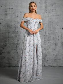 Floral Print Off Shoulder Split Thigh Dress - Grey - View 4