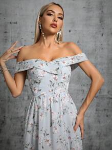 Floral Print Off Shoulder Split Thigh Dress - Grey - View 6