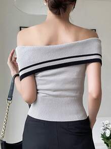 DAZY Striped Off Shoulder Knit Top - Grey - View 2