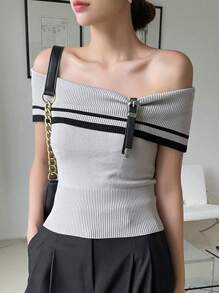 DAZY Striped Off Shoulder Knit Top - Grey - View 3