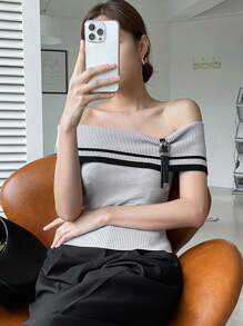 DAZY Striped Off Shoulder Knit Top - Grey - View 1
