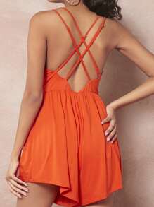 evoluSHEIN X Anitta Plunging Neck Crisscross Backless Cami Romper - Orange - View 3