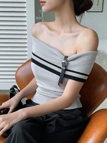 DAZY Striped Off Shoulder Knit Top - Grey - View 9
