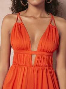 evoluSHEIN X Anitta Plunging Neck Crisscross Backless Cami Romper - Orange - View 5