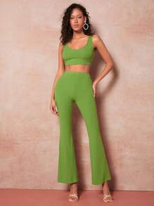evoluSHEIN X Anitta Solid Crop Tank Top & Flare Leg Pants - Lime Green - View 1