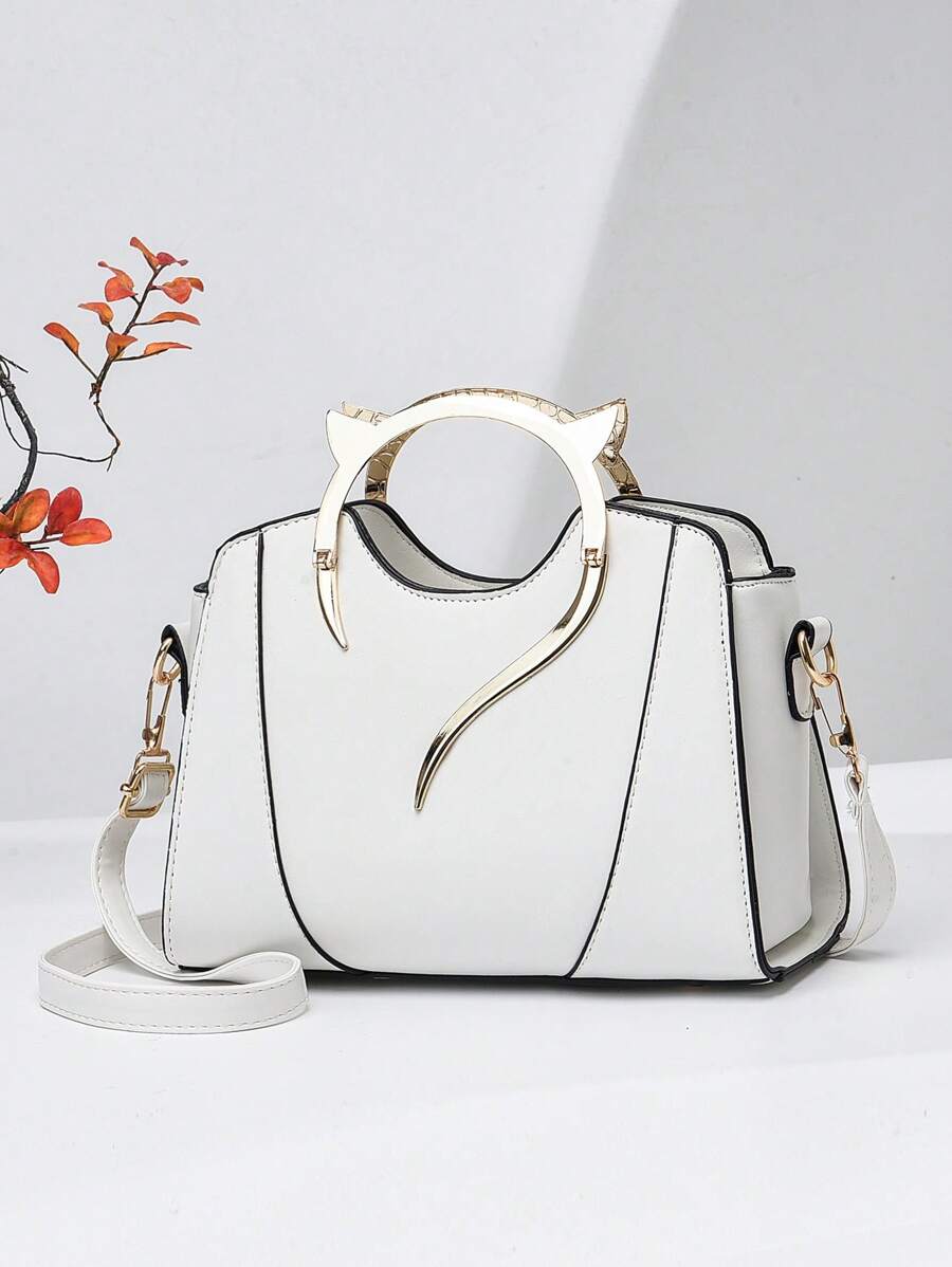 PLANEE 金属手柄方形包，时尚白色撞色包边，最佳母亲节礼物创意，母亲节礼物，妈妈礼物，妈妈必备品，外出妈妈包，女士吸睛工作包 - 白色 - 查看 1