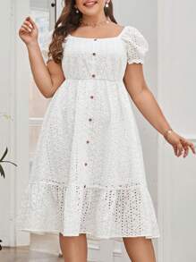 SHEIN VCAY Plus Eyelet Embroidery Button Front Ruffle Hem Dress - White - View 2