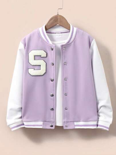 SHEIN Explorewe Tween Girl Letter Patched Striped Trim Varsity Jacket Without Tee