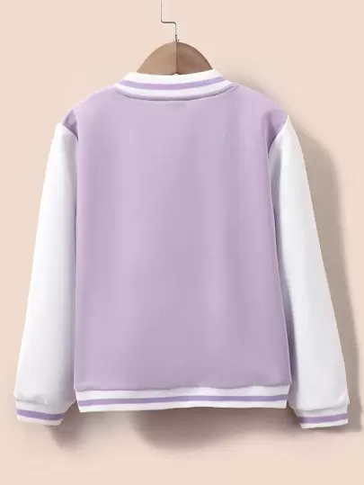 SHEIN Tween Girl Letter Patched Striped Trim Varsity Jacket Without Tee