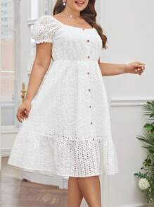 SHEIN VCAY Plus Eyelet Embroidery Button Front Ruffle Hem Dress - White - View 4