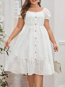 SHEIN VCAY Plus Eyelet Embroidery Button Front Ruffle Hem Dress - White - View 1