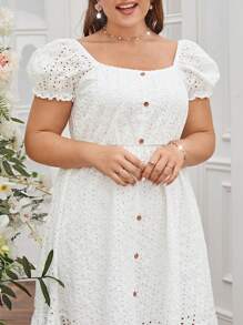 SHEIN VCAY Plus Eyelet Embroidery Button Front Ruffle Hem Dress - White - View 6