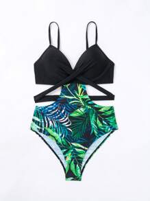 Tropical Twist Cut-out Push Up One Piece Swimsuit - Black - View 3