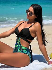 Tropical Twist Cut-out Push Up One Piece Swimsuit - Black - View 5