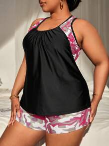 SHEIN Swim Curve Bộ đồ bơi tankini in họa tiết camo cỡ lớn, áo ba lỗ hở lưng và quần đùi 2 mảnh, cho kỳ nghỉ hè ở bãi biển - Màu tím - Xem 4