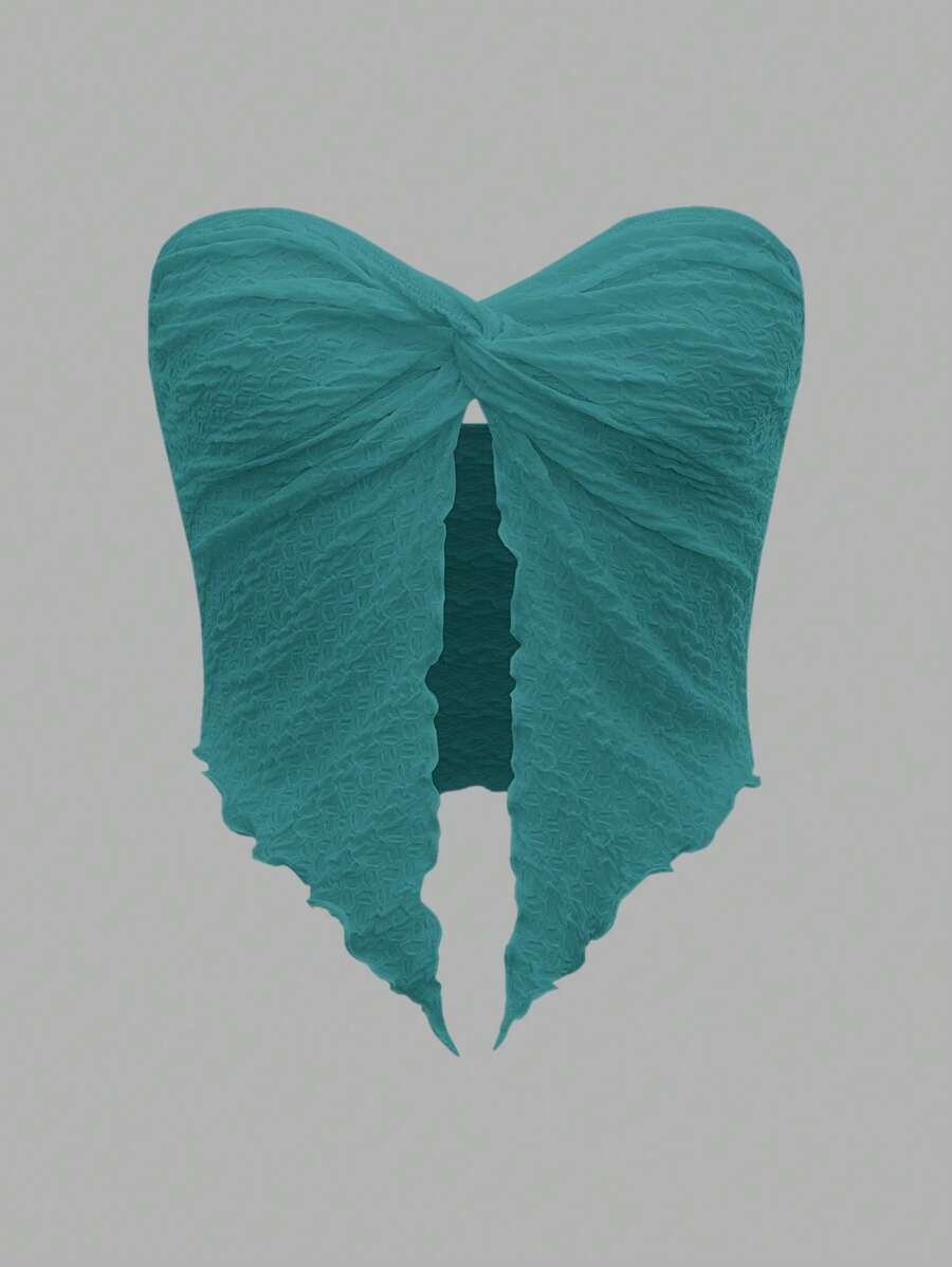 SHEIN ICON 前扭結木耳邊下擺開叉抹胸上衣 - 青碧色 - 查看 1