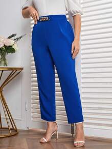 SHEIN Privé Quần Plus Size Chuỗi Đắp vá màu trơn Giải trí - Xanh đậm - Xem 4