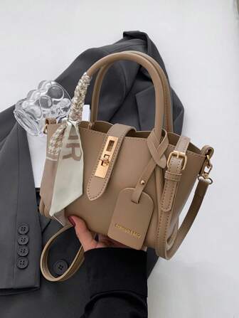 1pc Fashionable And Simple Lock Buckle PU Tote Bag, Suitable For Daily Use, Can Be Carried On Shoulder Or Crossbody, Comes With A Silk Scarf, Business Casual Woman Bag Perfect For Office Business And Work , Old Money